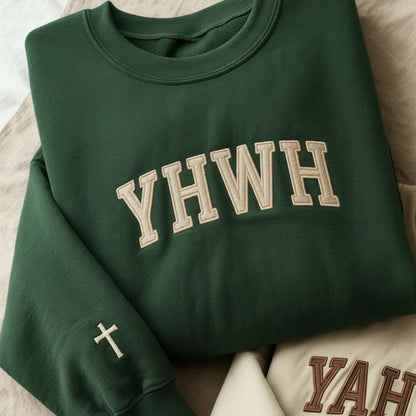 YHWH Yahweh Embroidered Sweatshirt, Hebrew Name of God Christian Crewneck, Bible Scripture Faith Jumper, Cross Sleeve Gift