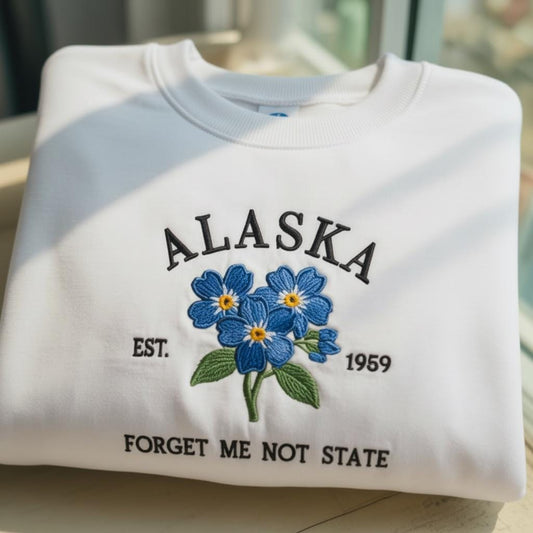 Alaska State Flower Embroidered Sweatshirt, Forget Me Not Crewneck, Travel Souvenir Gift, The Forget Me Not State Top