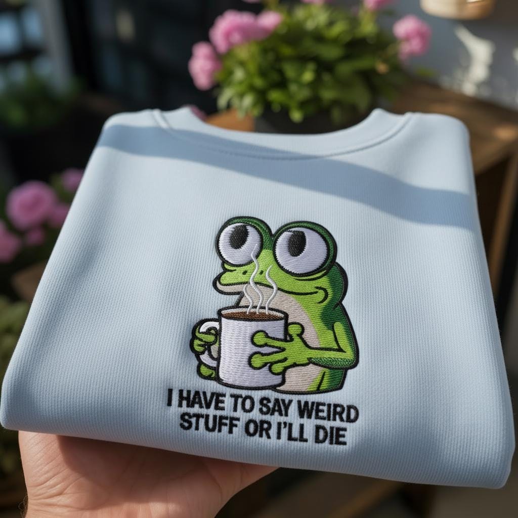Embroidered I Have to Say Weird Stuff Or I'll Die Frog Drinking Coffee T-Shirt, Weird Friend Gift, Sarcastic Humor Sweatshirt