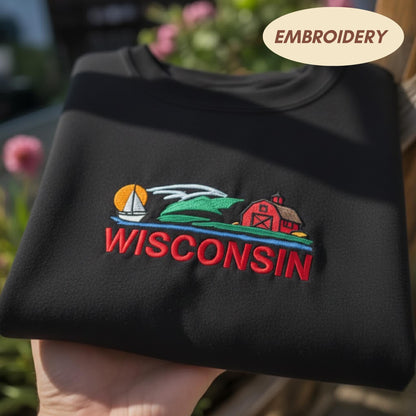 Wisconsin Embroidered Sweatshirt, Scenic Landscape Travel Gift, Local Pride Crewneck for WI Lover, Badger State Vacation Sweater