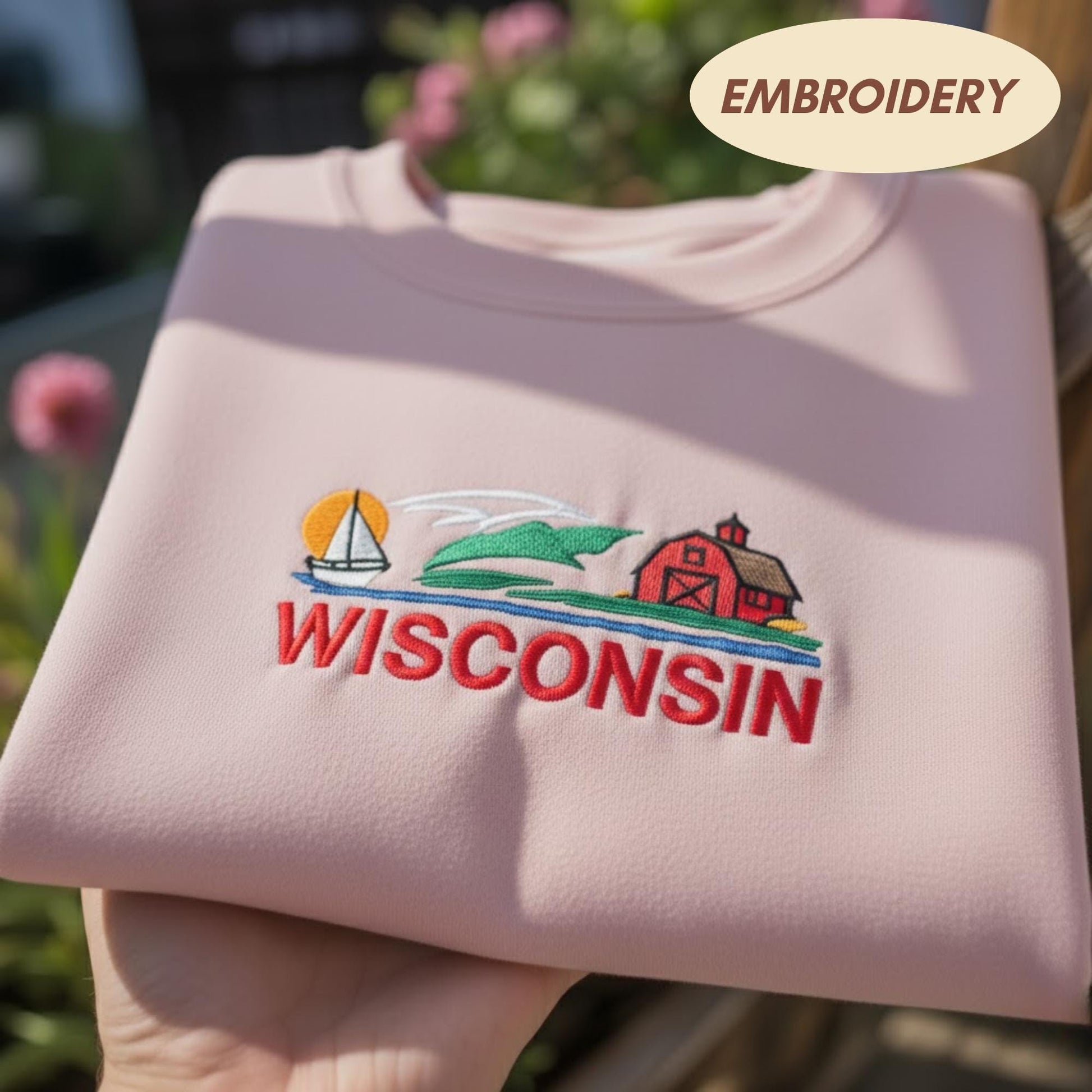 Wisconsin Embroidered Sweatshirt, Scenic Landscape Travel Gift, Local Pride Crewneck for WI Lover, Badger State Vacation Sweater