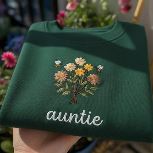 Auntie Floral Bee Embroidered Sweatshirt, Floral Bee Crewneck, Best Aunt Ever Gift, Wildflower Auntie Sweater, New Aunt Gift Idea