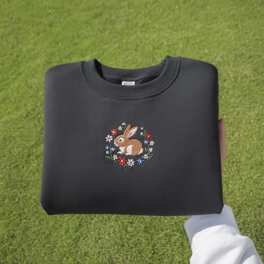 Embroidered Rabbit Sweatshirt, Wildflower Meadow Crewneck