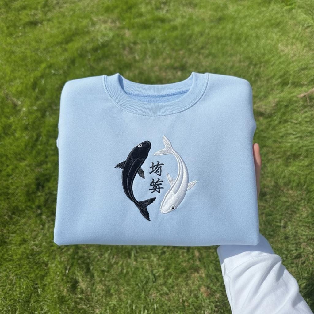Embroidered Koi Fish Yin Yang Shirt, Ocean Moon Tee