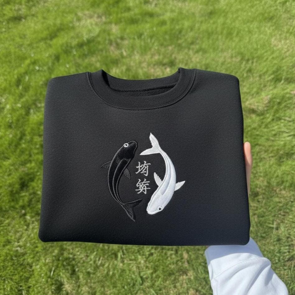Embroidered Koi Fish Yin Yang Shirt, Ocean Moon Tee