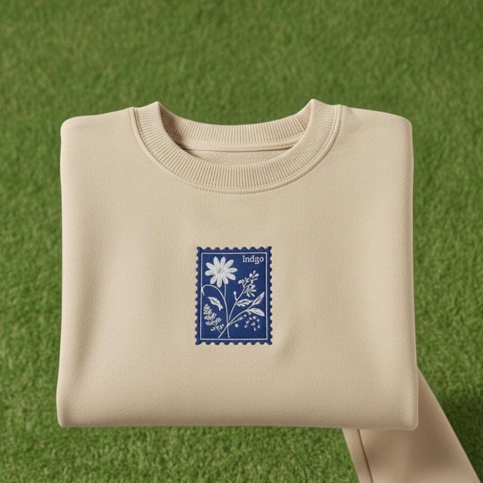 Shirt Indigo Embroidered Shirt, Minimal Indigo Tee, Aesthetic Text Embroidery Gift