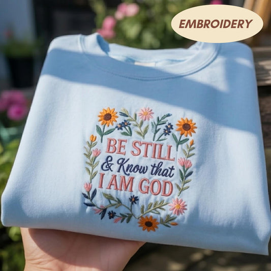 Be Still and Know That I Am God Embroidered Sweatshirt, Christian Wildflower Floral Crewneck, Faith Based Scripture Gift, Bible Verse Shirt