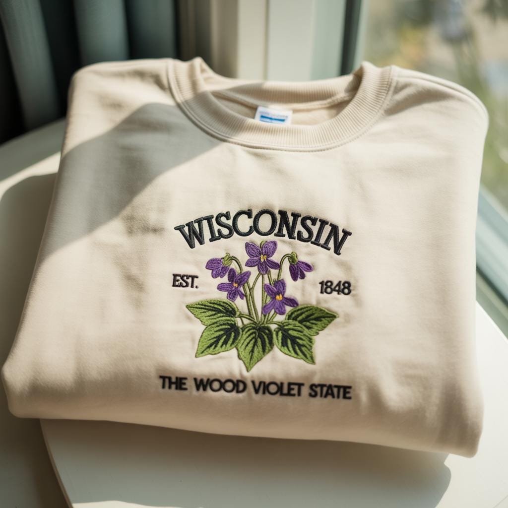 Wisconsin Embroidered Sweatshirt, The Wood Violet State Pride Gift, Floral Nature Botanical Crewneck, Midwest Home Souvenir, State Shirt