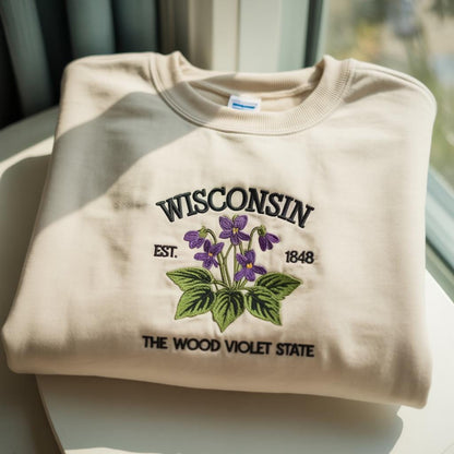 Wisconsin Embroidered Sweatshirt, The Wood Violet State Pride Gift, Floral Nature Botanical Crewneck, Midwest Home Souvenir, State Shirt