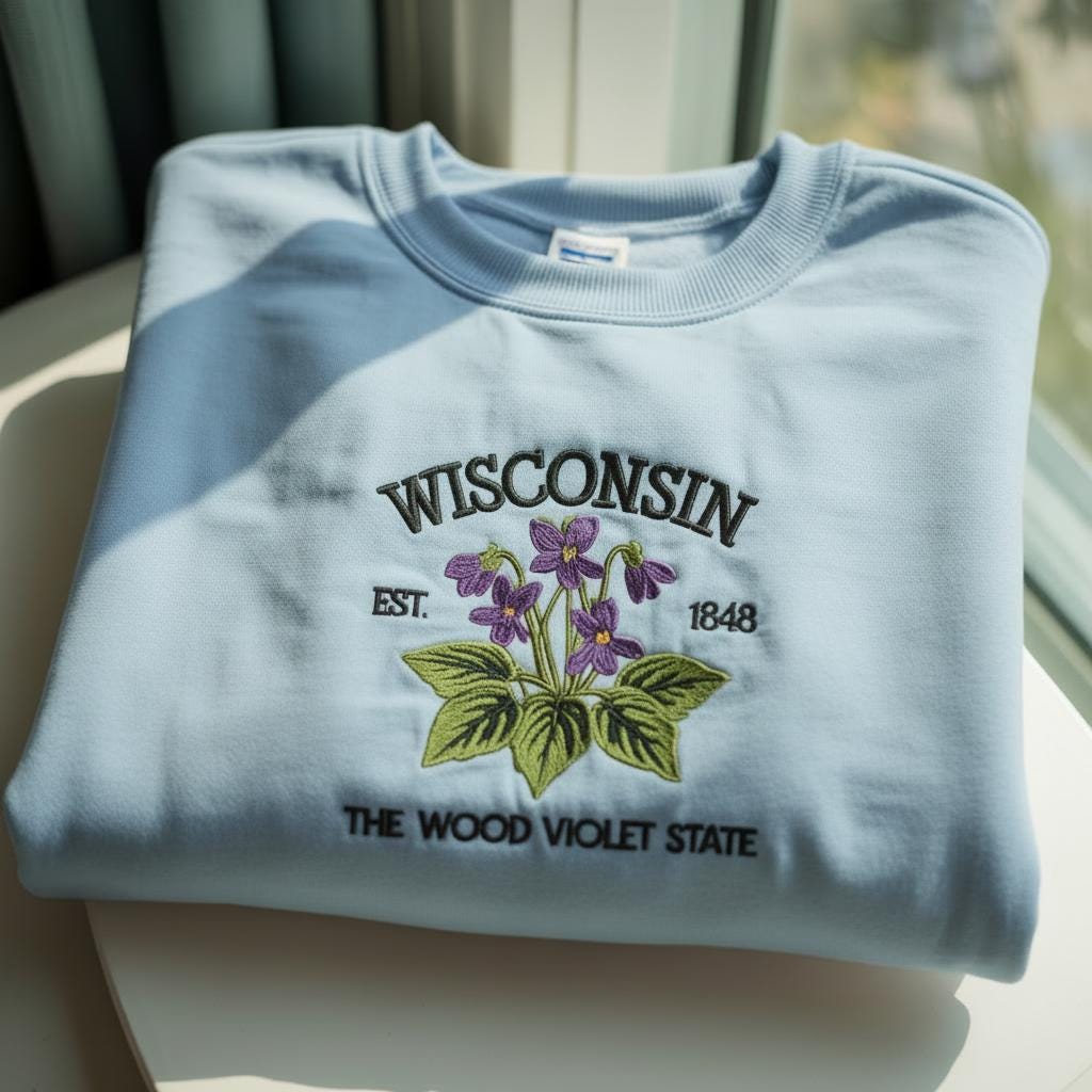 Wisconsin Embroidered Sweatshirt, The Wood Violet State Pride Gift, Floral Nature Botanical Crewneck, Midwest Home Souvenir, State Shirt