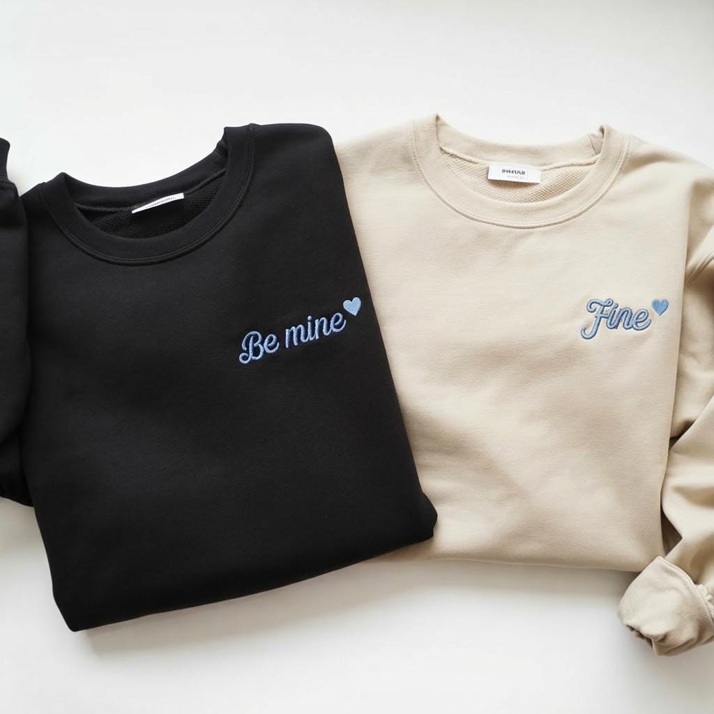 Be Mine and Fine Matching Couple Sweatshirts, Funny Valentine's Day Crewneck, Embroidered Heart Jumper, Custom Anniversary Gift for Him Her