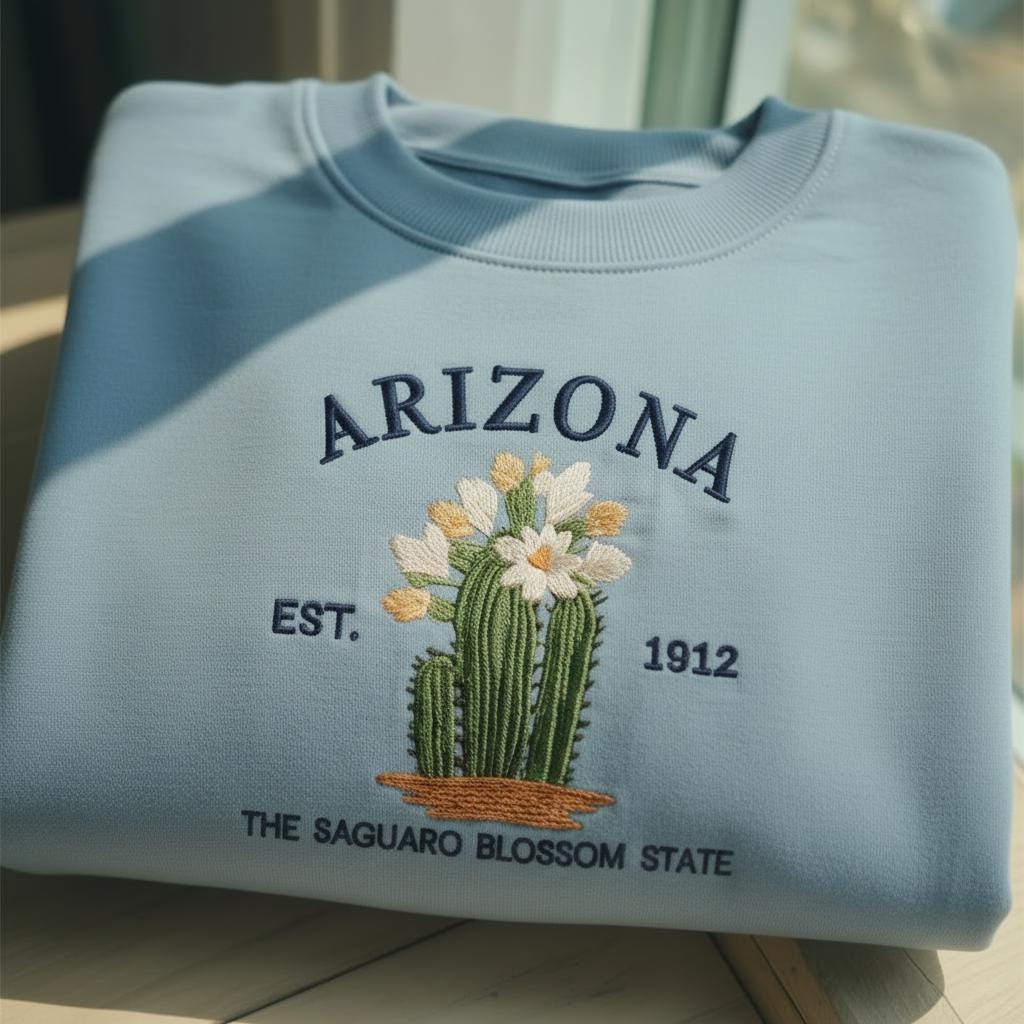 Arizona Embroidered Sweatshirt, The Saguaro Blossom State Crewneck, Arizona Flower Gift Idea, Cactus Floral Sweater, Minimalist State Pride