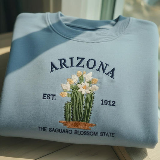Arizona Embroidered Sweatshirt, The Saguaro Blossom State Crewneck, Arizona Flower Gift Idea, Cactus Floral Sweater, Minimalist State Pride