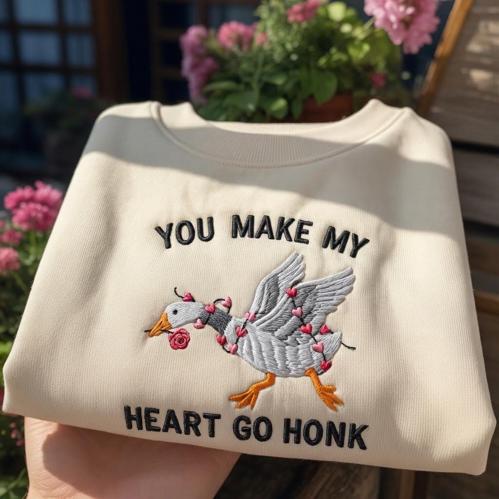 You Make My Heart Go Honk Embroidered Sweatshirt, Funny Goose Valentine's Day Crewneck, Silly Goose Gift for Her, Cute Animal Jumper