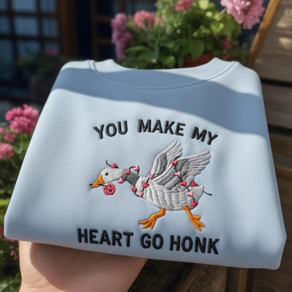You Make My Heart Go Honk Embroidered Sweatshirt, Funny Goose Valentine's Day Crewneck, Silly Goose Gift for Her, Cute Animal Jumper
