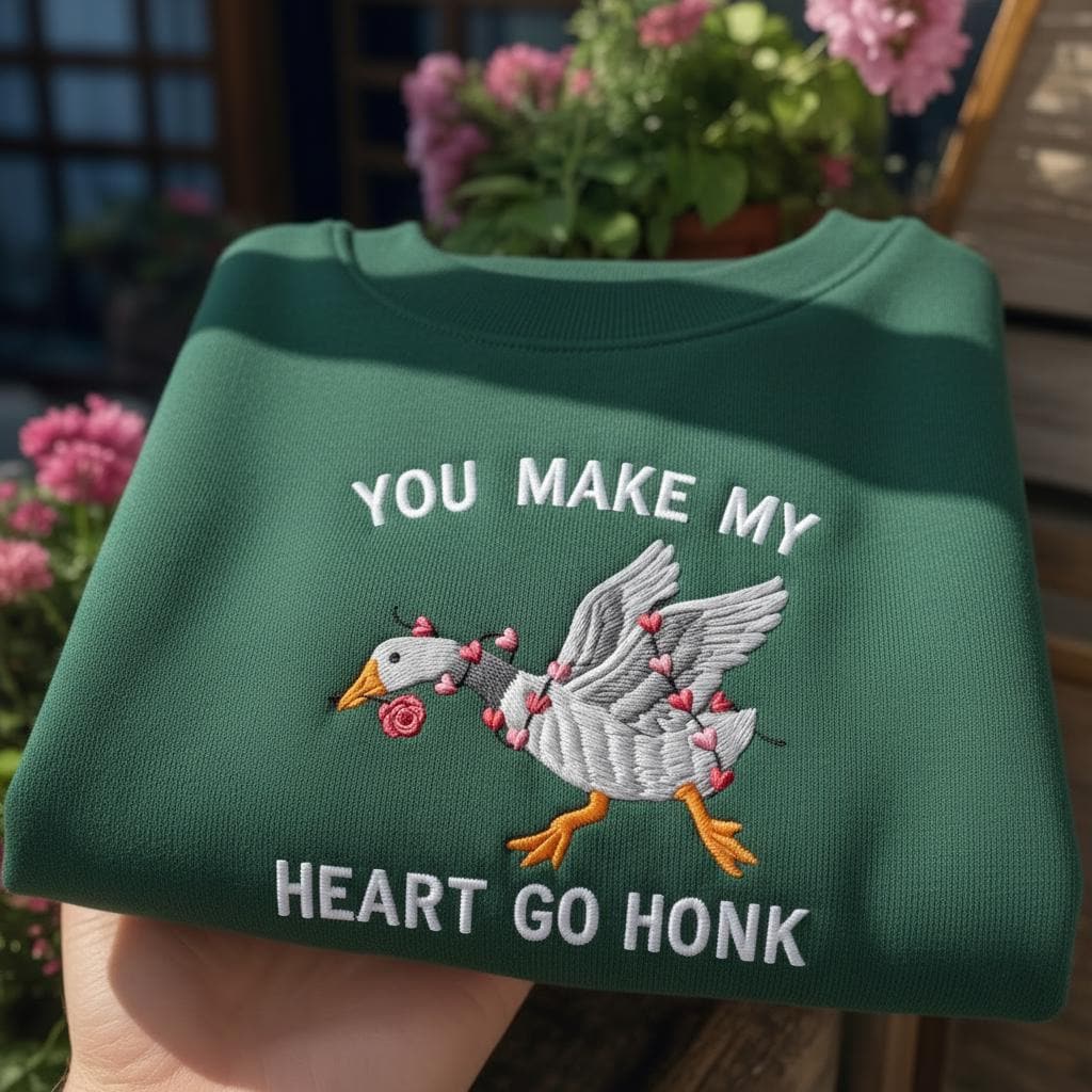 You Make My Heart Go Honk Embroidered Sweatshirt, Funny Goose Valentine's Day Crewneck, Silly Goose Gift for Her, Cute Animal Jumper