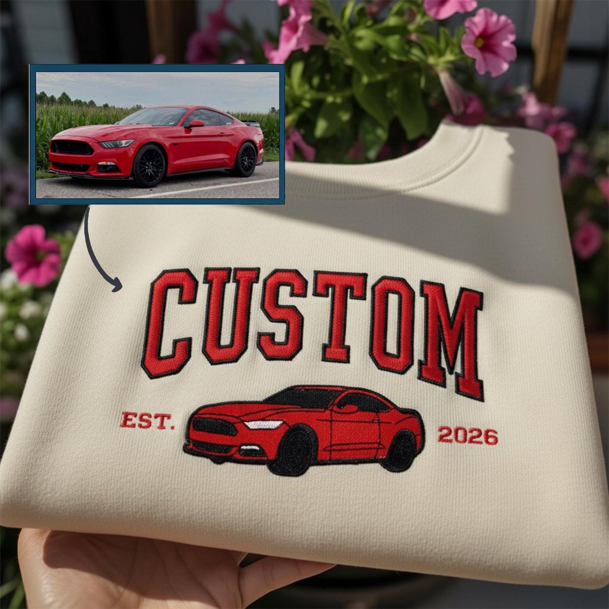 Custom Car Photo Embroidered Hoodie: Varsity Design