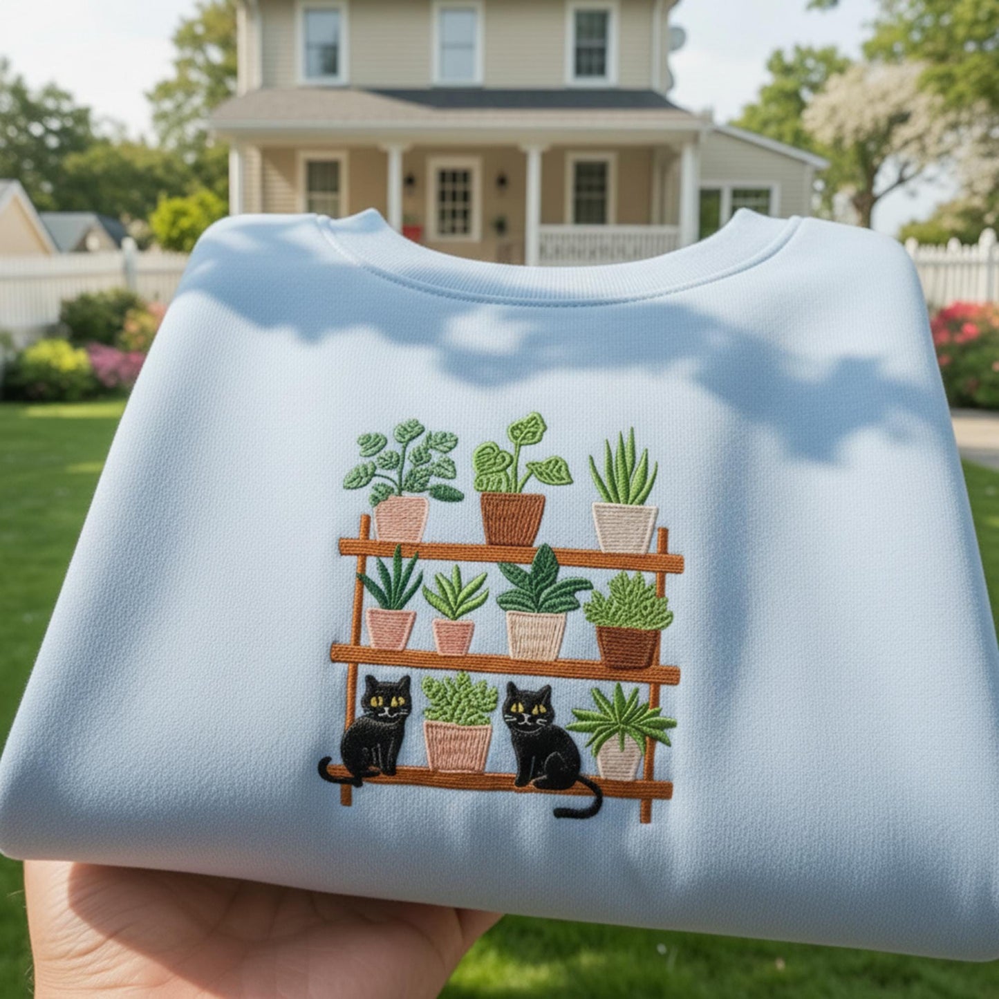 Plant Shelf with Black Cats Embroidered Sweatshirt, Funny Crazy Plant Lady Gift, Aesthetic Houseplant Crewneck, Cat Mom Jumper,Indoor Jungle