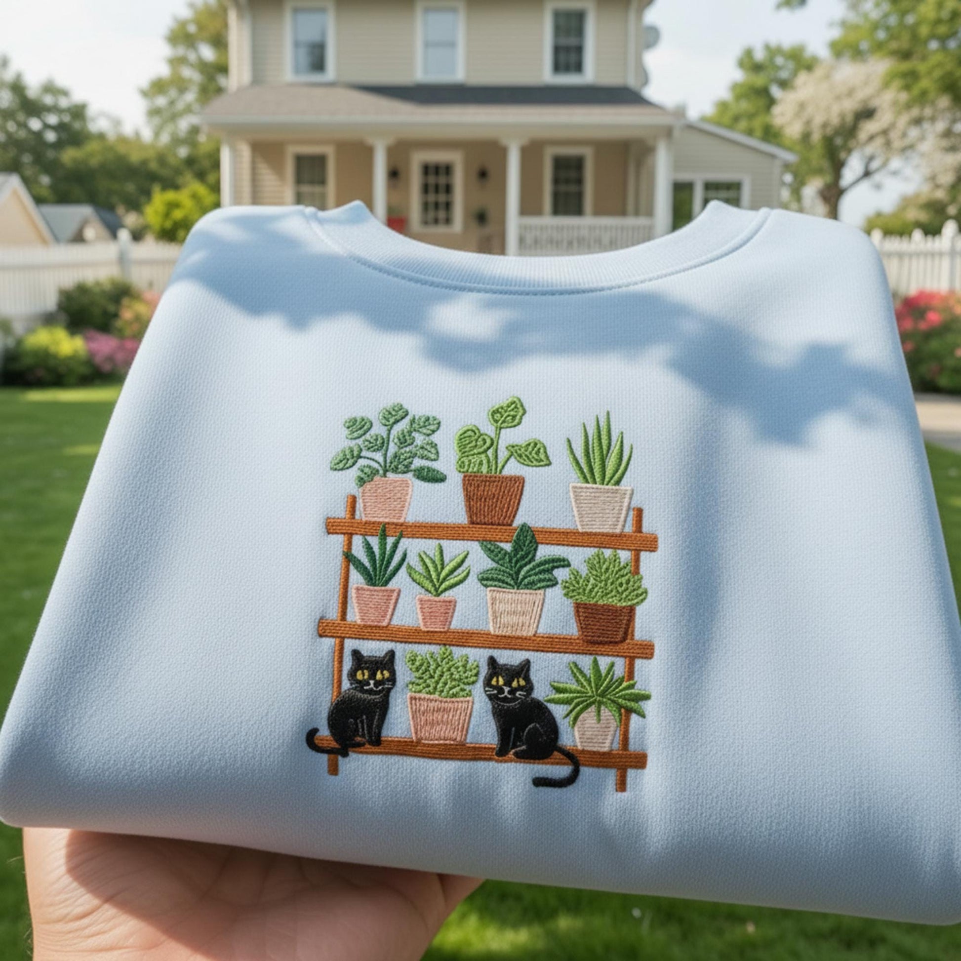 Plant Shelf with Black Cats Embroidered Sweatshirt, Funny Crazy Plant Lady Gift, Aesthetic Houseplant Crewneck, Cat Mom Jumper,Indoor Jungle