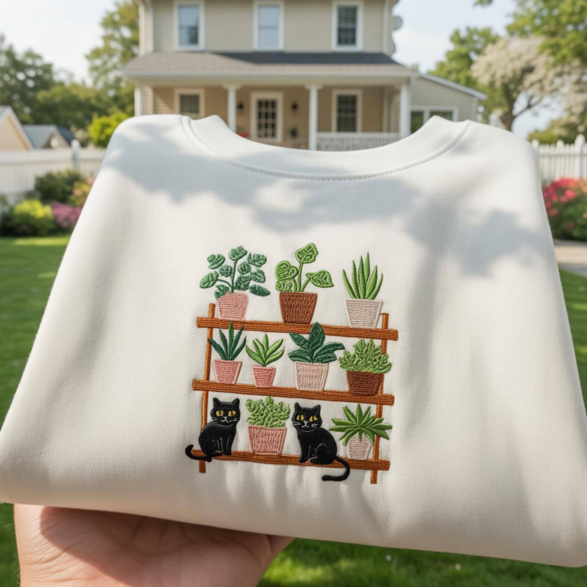 Plant Shelf with Black Cats Embroidered Sweatshirt, Funny Crazy Plant Lady Gift, Aesthetic Houseplant Crewneck, Cat Mom Jumper,Indoor Jungle