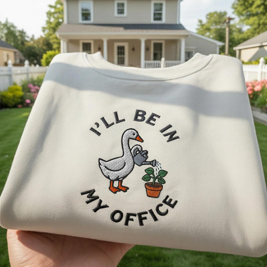 I'll Be In My Office Goose Embroidered Sweatshirt, Funny Gardening Duck Crewneck, Gift for Plant Lovers, Aesthetic Animal Jumper, Bird Shirt