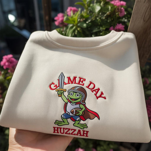 Game Day Huzzah Frog Embroidered Sweatshirt, Funny Football Knight Crewneck, Sports Fan Gift, Renaissance Fair Frog Jumper,Heroic Frog Shirt