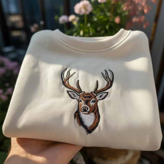 Embroidered Deer Head Sweatshirt, Vintage Stag Forest Crewneck, Wildlife Nature Lover Gift, Gorpcore Aesthetic Pullover, Cabin Core Apparel