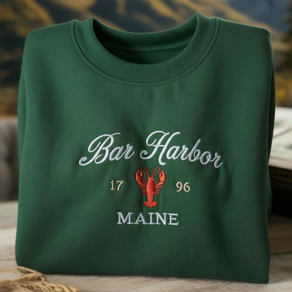 Bar Harbor Maine Embroidered Sweatshirt, Lobster Coastal Crewneck, Maine Souvenir Gift, Vintage Nautical Sweater, Acadia Vacation Top Gift