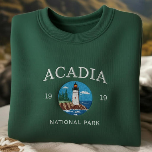 Acadia National Park Embroidered Sweatshirt, Maine USA Nature Crewneck, Lighthouse Travel Gift Idea, Wildlife Embroidery Coastal Sweater