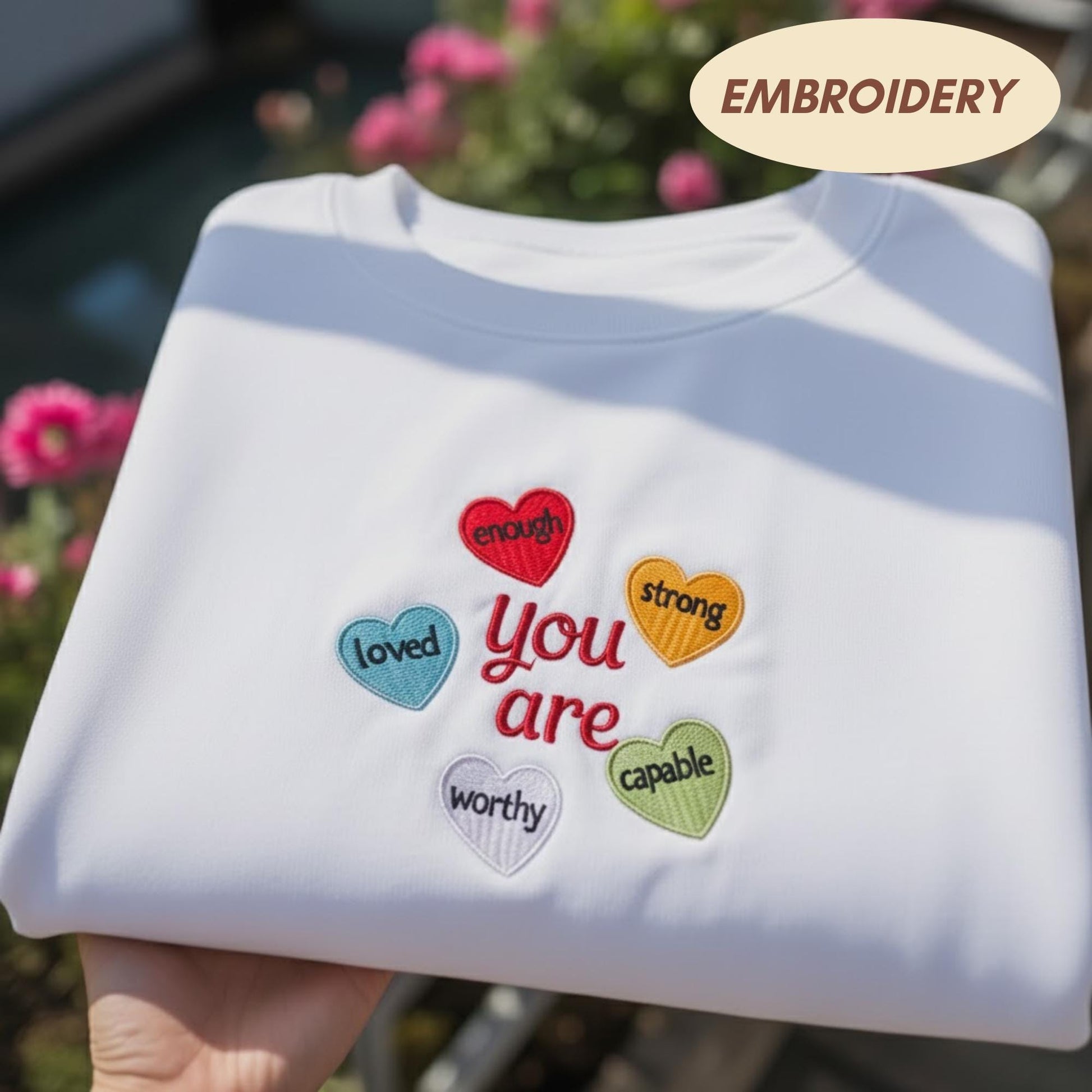 You Are Enough Valentine Embroidered Sweatshirt, Self Love Affirmations Crewneck, Positive Mental Health Gift, Cute Heart Row Pink Sweater