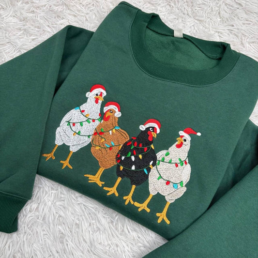 Embroidered Christmas Chickens Sweatshirt, Funny Chicken Christmas Shirt, Holiday Farm Sweatshirt, Farm Lover Xmas Gift