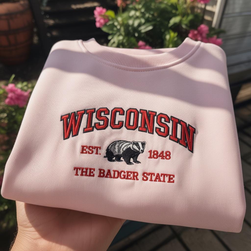 Wisconsin The Badger State Embroidered Sweatshirt, Vintage Wisconsin Crewneck, Wisconsin State Pride Shirt, Midwest Travel Gift