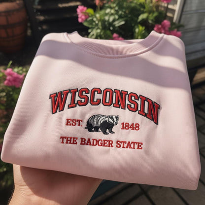 Wisconsin The Badger State Embroidered Sweatshirt, Vintage Wisconsin Crewneck, Wisconsin State Pride Shirt, Midwest Travel Gift