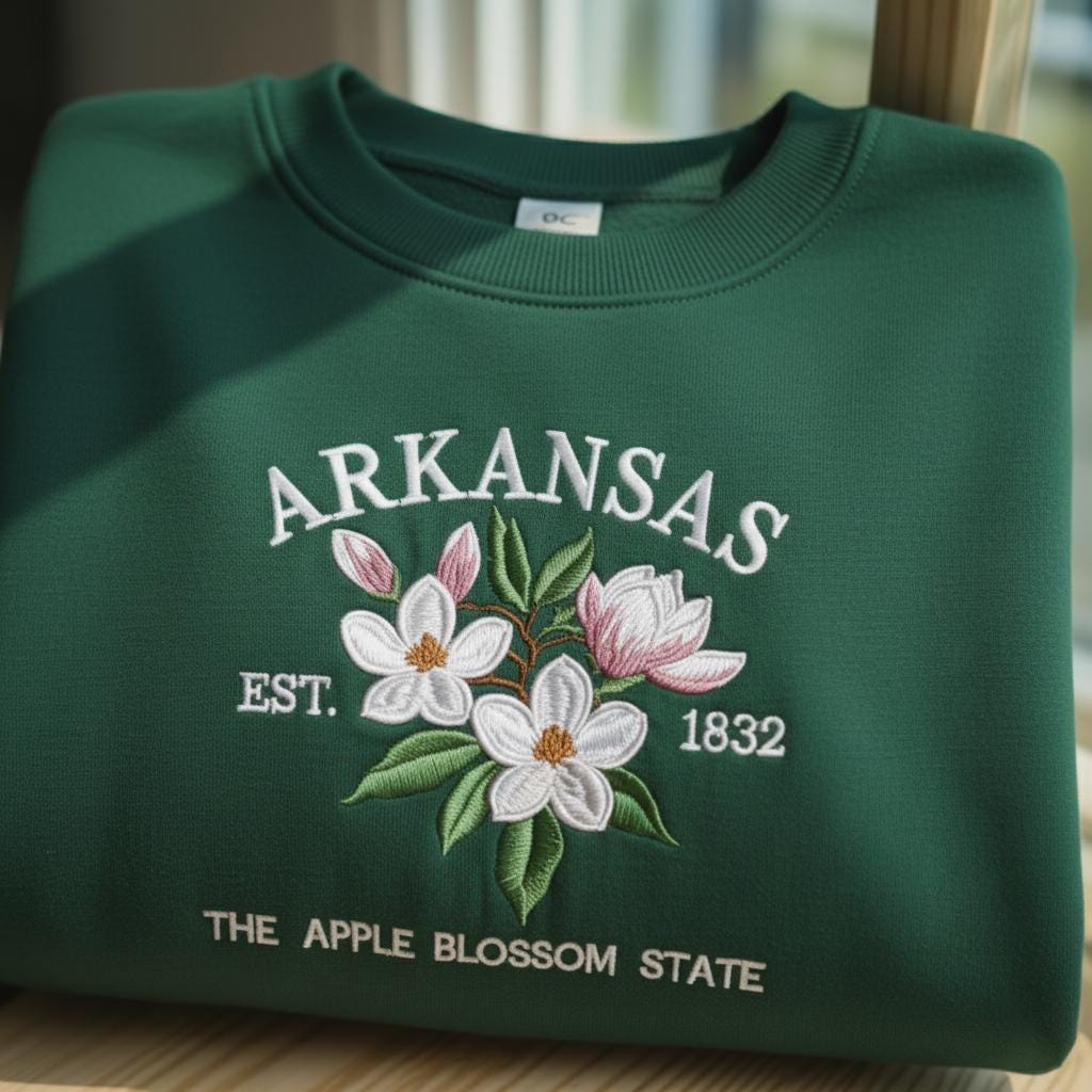 Arkansas Embroidered Sweatshirt, Apple Blossom State Flower Crewneck, Vintage Arkansas Gift, Botanical Nature Lover Sweater, Est 1832 Top