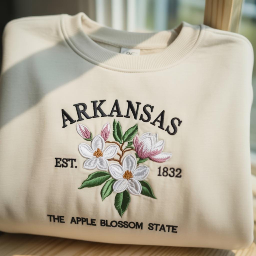 Arkansas Embroidered Sweatshirt, Apple Blossom State Flower Crewneck, Vintage Arkansas Gift, Botanical Nature Lover Sweater, Est 1832 Top