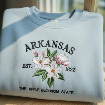 Arkansas Embroidered Sweatshirt, Apple Blossom State Flower Crewneck, Vintage Arkansas Gift, Botanical Nature Lover Sweater, Est 1832 Top
