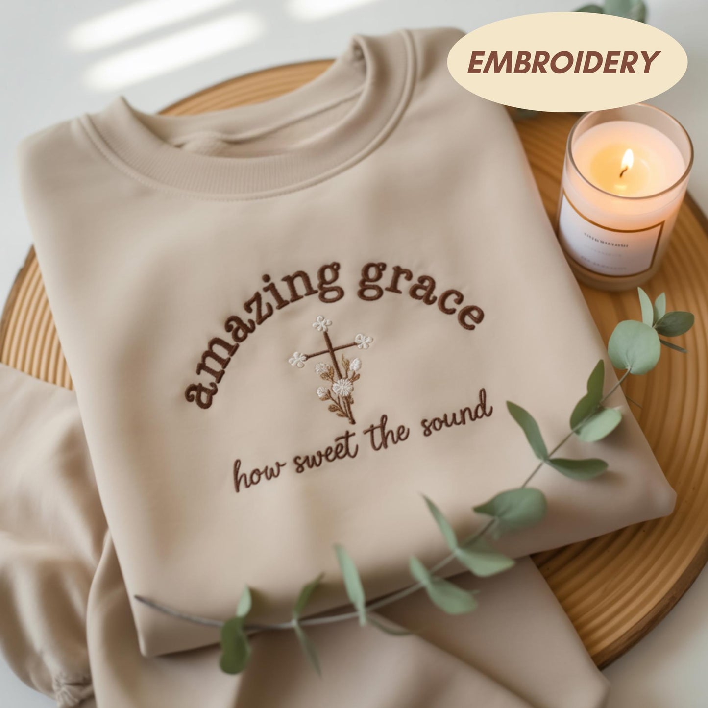 Amazing Grace How Sweet The Sound Embroidered Sweatshirt, Christian Floral Cross Crewneck, Worship Hymn Gift, Minimalist Faith Based Sweater