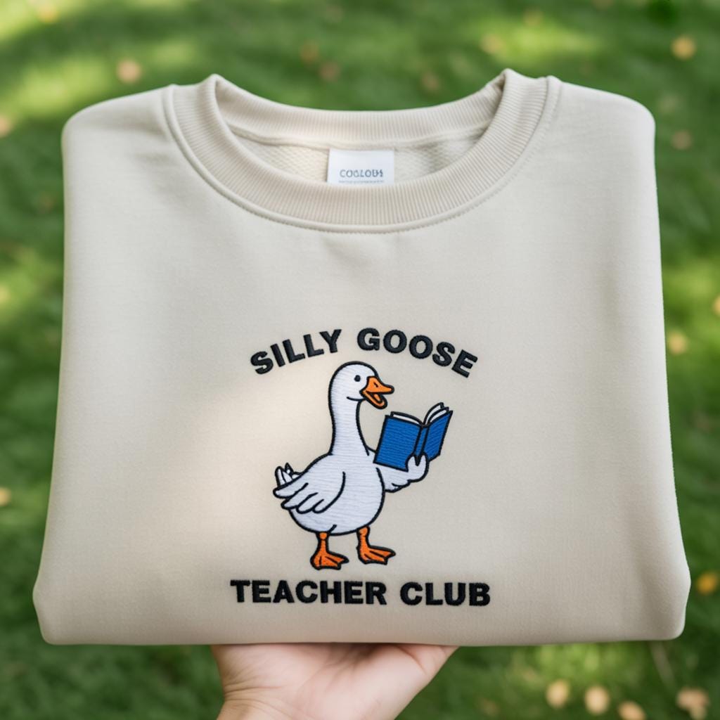 Silly Goose Teacher Club Embroidered Sweatshirt, Funny School Staff Crewneck, Cute Reading Goose Shirt, Teacher Appreciation Gift Sweater