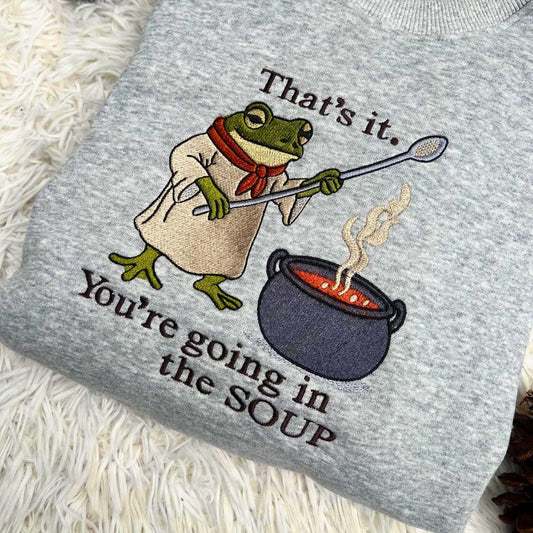 Shirt Frog Soup Embroidered Shirt, Funny Meme Embroidery Tee, Cute Animal Embroidered Gift, Spooky Halloween Frog Shirt