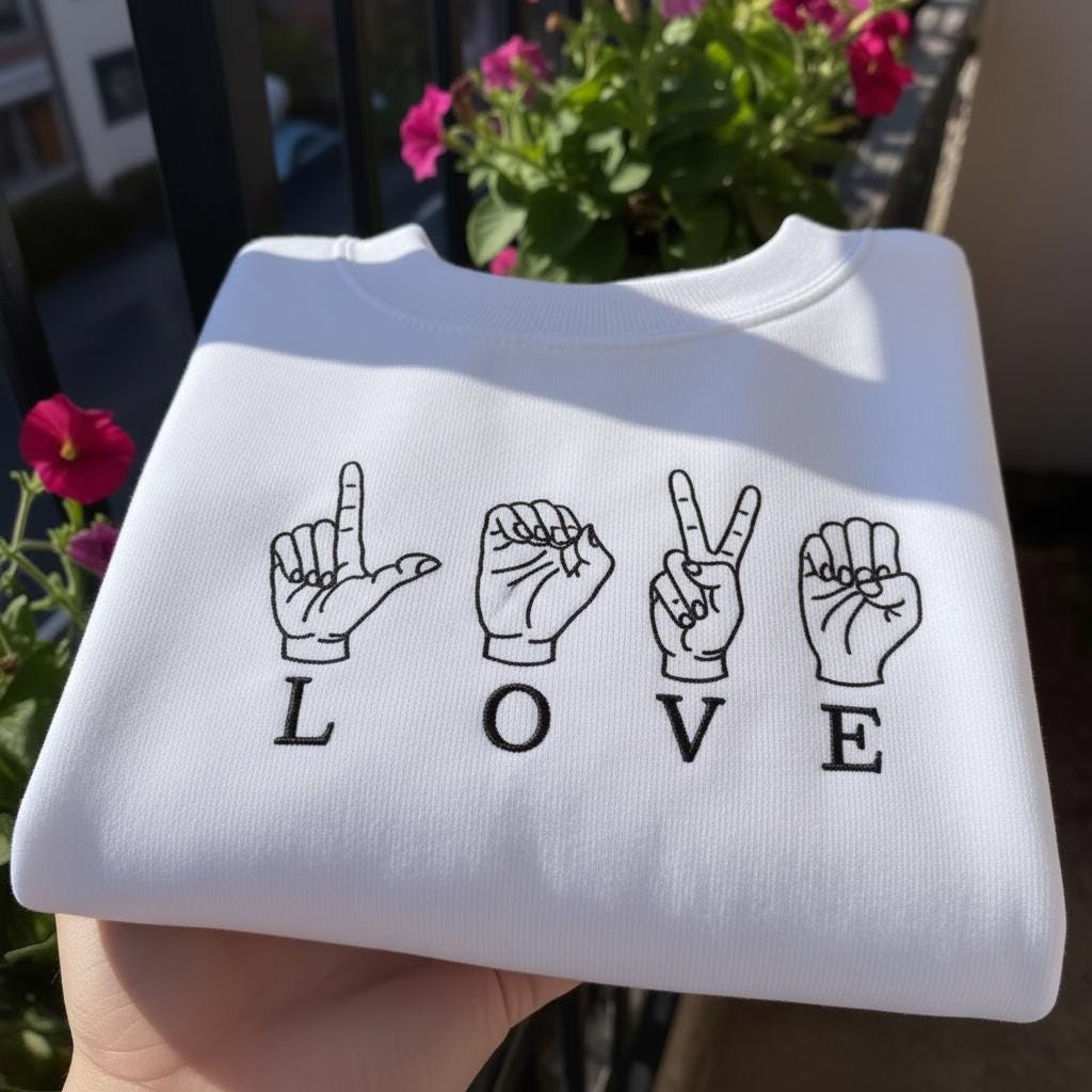 ASL Love Sign Embroidered Sweatshirt, Pastel Blue Jumper