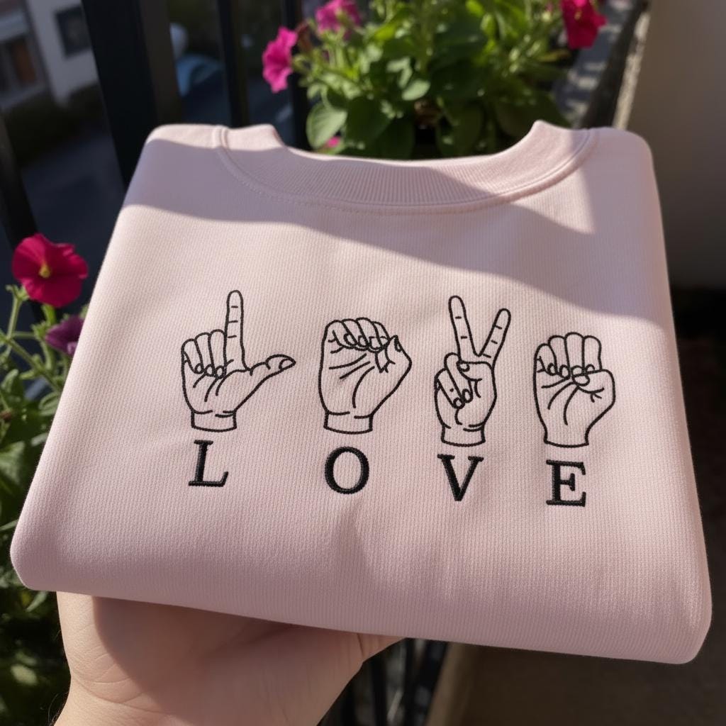 ASL Love Sign Embroidered Sweatshirt, Pastel Blue Jumper