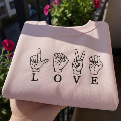 ASL Love Sign Embroidered Sweatshirt, Pastel Blue Jumper