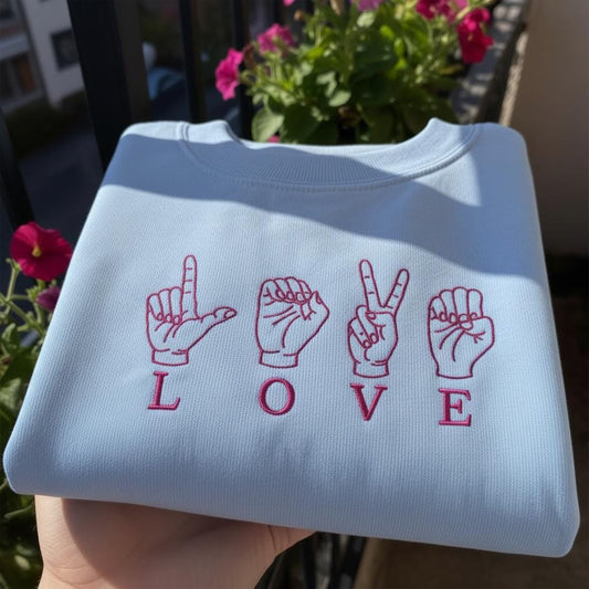 ASL Love Sign Embroidered Sweatshirt, Pastel Blue Jumper