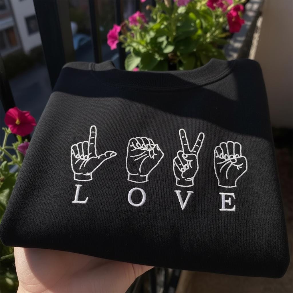 ASL Love Sign Embroidered Sweatshirt, Pastel Blue Jumper
