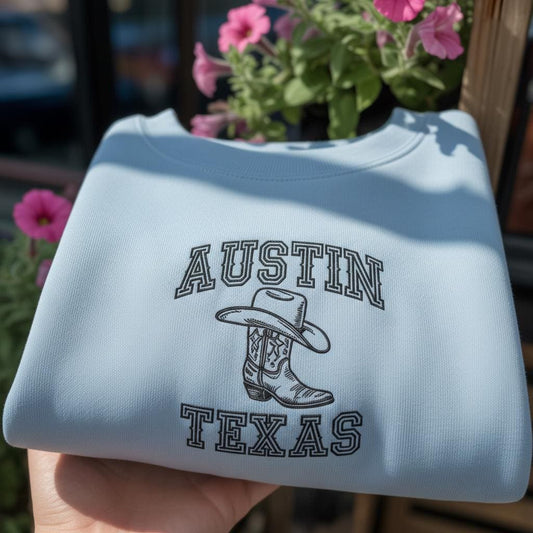 Austin Texas Embroidered Sweatshirt, Vintage Cowboy Boot & Hat Crewneck, Texas State Souvenir Gift, Western Aesthetic Apparel, Austin TX