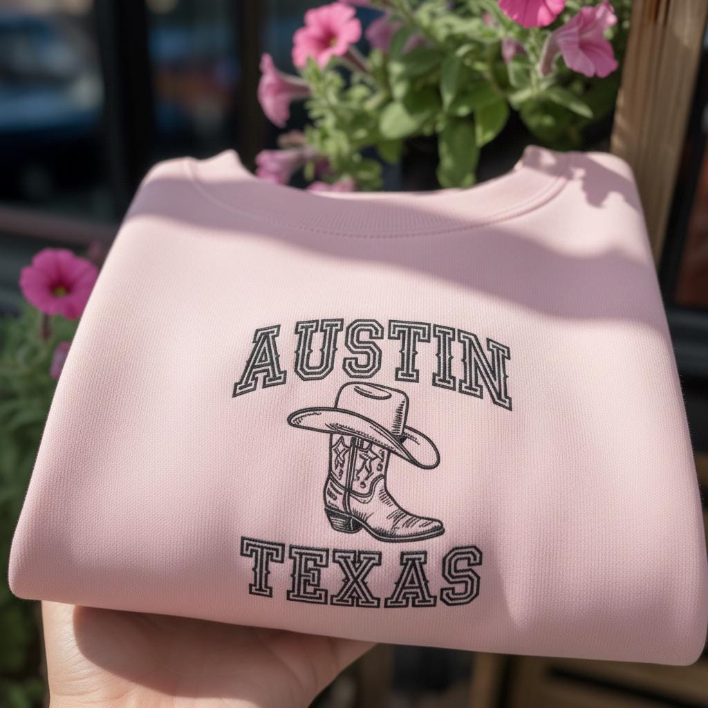Austin Texas Embroidered Sweatshirt, Vintage Cowboy Boot & Hat Crewneck, Texas State Souvenir Gift, Western Aesthetic Apparel, Austin TX