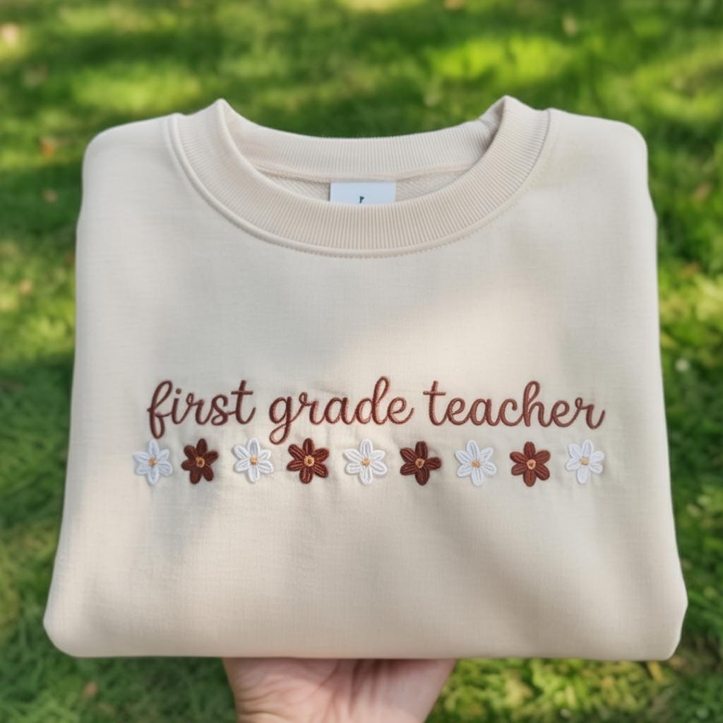 First Grade Teacher Embroidered Sweatshirt, Floral 1st Grade Crewneck, Cute Primary School Teacher Gift, Aesthetic Flower Pink Sweater