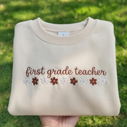 First Grade Teacher Embroidered Sweatshirt, Floral 1st Grade Crewneck, Cute Primary School Teacher Gift, Aesthetic Flower Pink Sweater