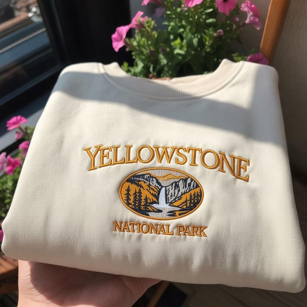 Yellowstone National Park Embroidered Sweatshirt, Vintage Waterfall Landscape Crewneck, Wyoming Montana Idaho Nature Gift