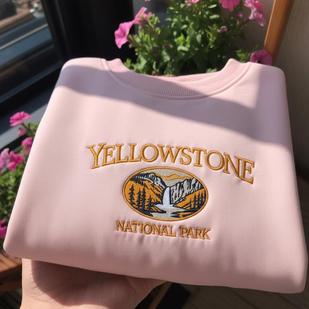 Yellowstone National Park Embroidered Sweatshirt, Vintage Waterfall Landscape Crewneck, Wyoming Montana Idaho Nature Gift